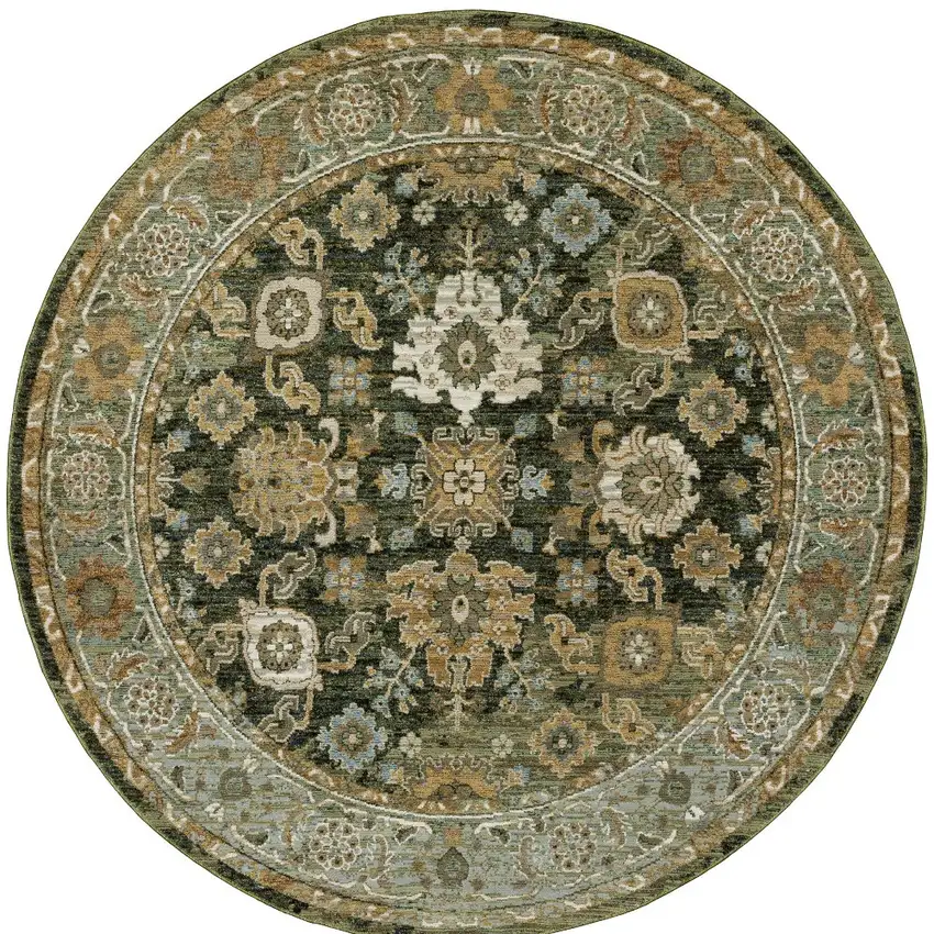 8' Green And Gold Oriental Round Rug Photo 4