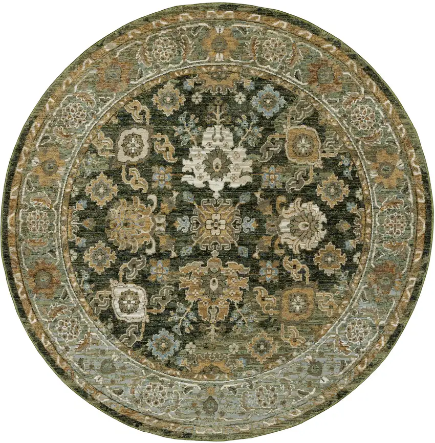 8' Green And Gold Oriental Round Rug Photo 2