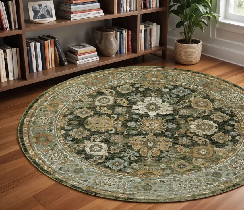 8' Green And Gold Oriental Round Rug Photo 1