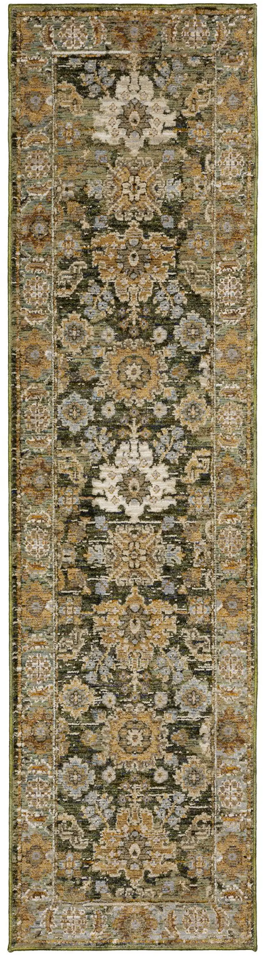 8' Green And Gold Oriental Runner Rug Photo 2