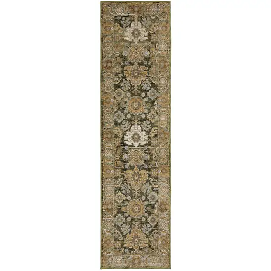 8' Green And Gold Oriental Runner Rug Photo 2