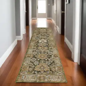 Photo of 8' Green And Gold Oriental Runner Rug