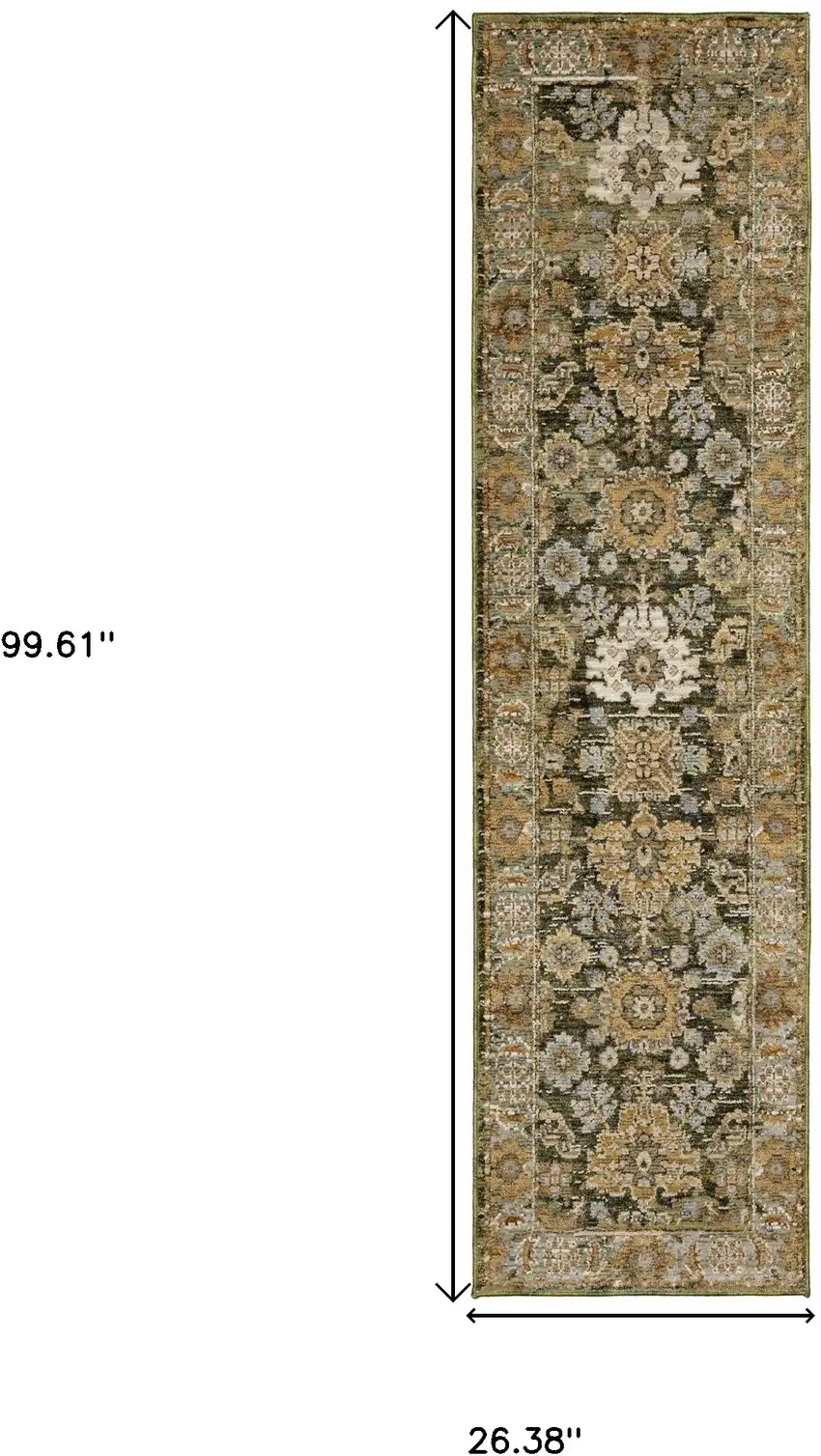 8' Green And Gold Oriental Runner Rug Photo 3