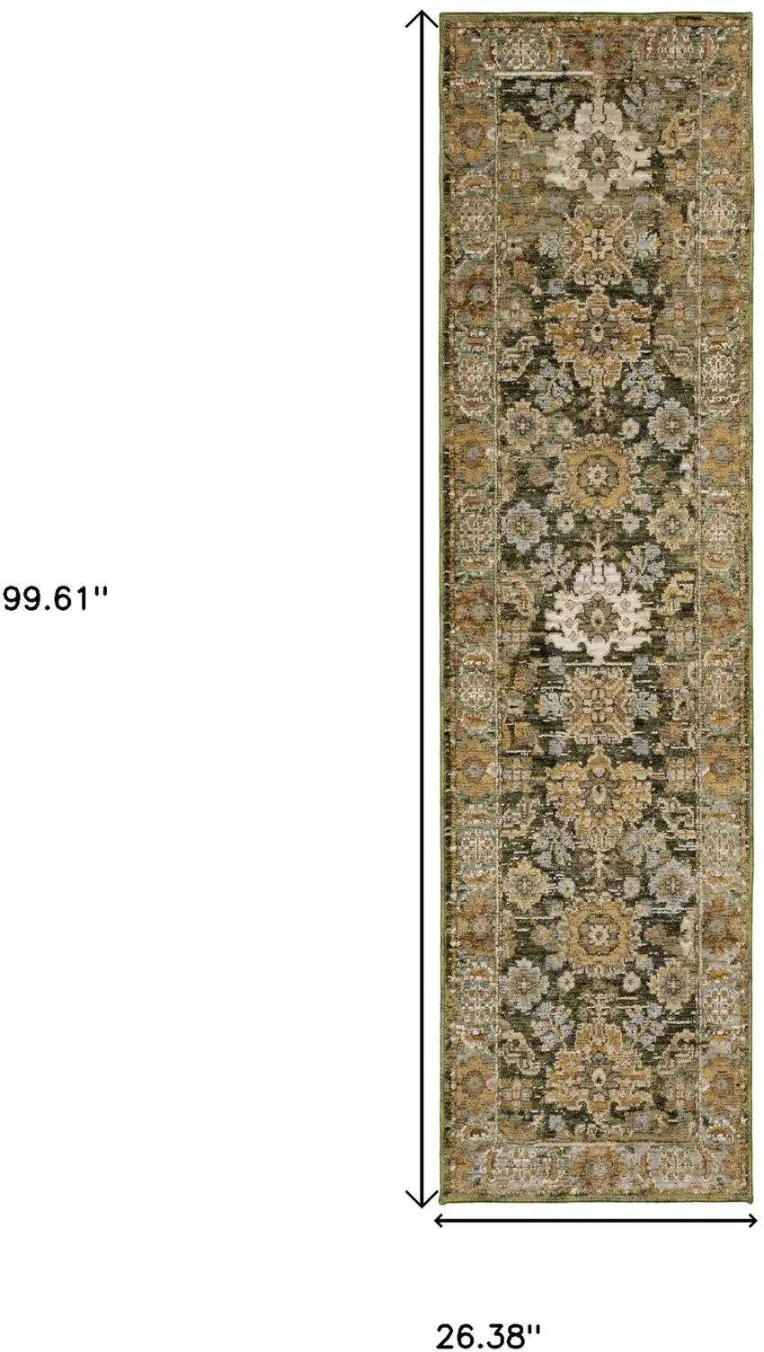 8' Green And Gold Oriental Runner Rug Photo 3