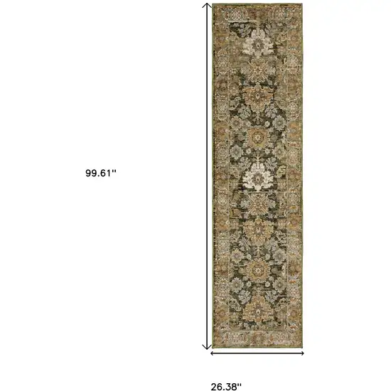 8' Green And Gold Oriental Runner Rug Photo 3