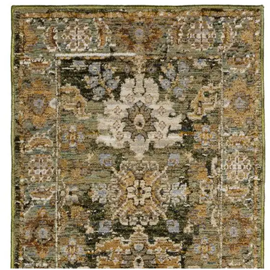 8' Green And Gold Oriental Runner Rug Photo 5
