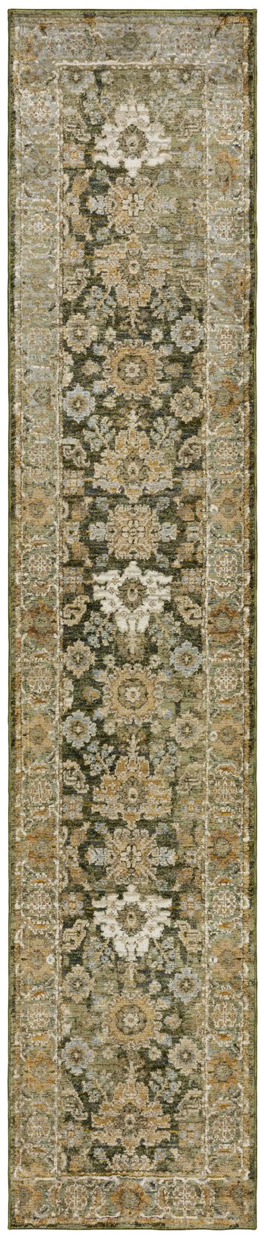 12' Green And Gold Oriental Runner Rug Photo 5