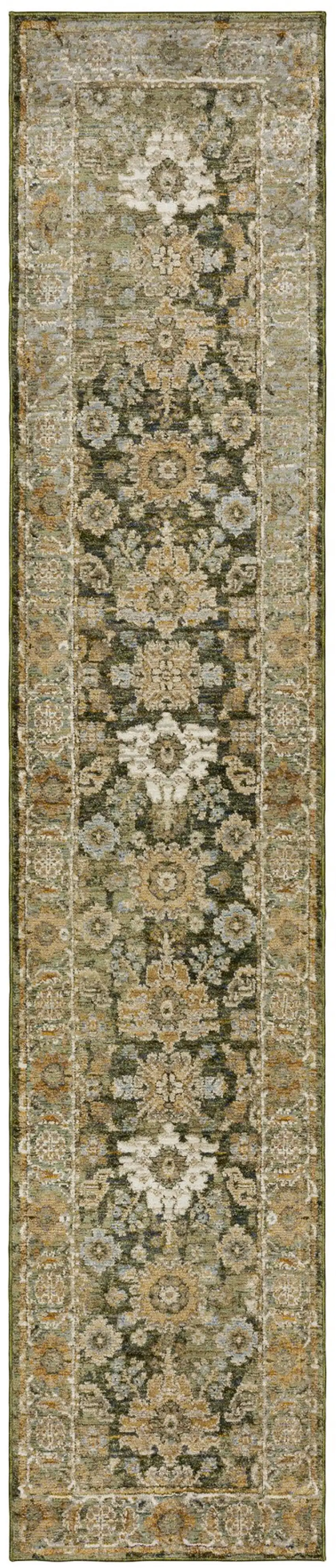 12' Green And Gold Oriental Runner Rug Photo 2