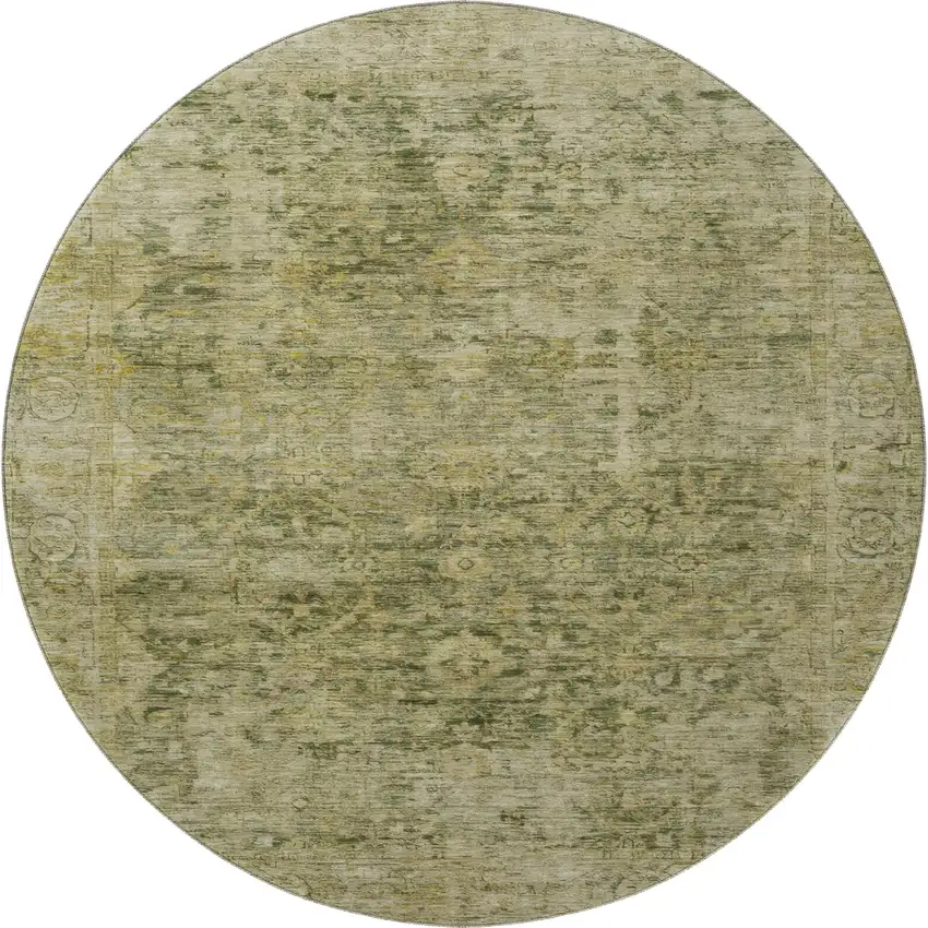 8' Green And Gold Oriental Washable Round Rug With UV Protection Photo 3