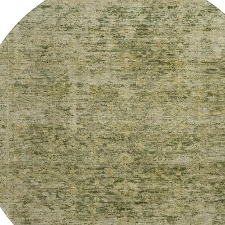 8' Green And Gold Oriental Washable Round Rug With UV Protection Photo 2