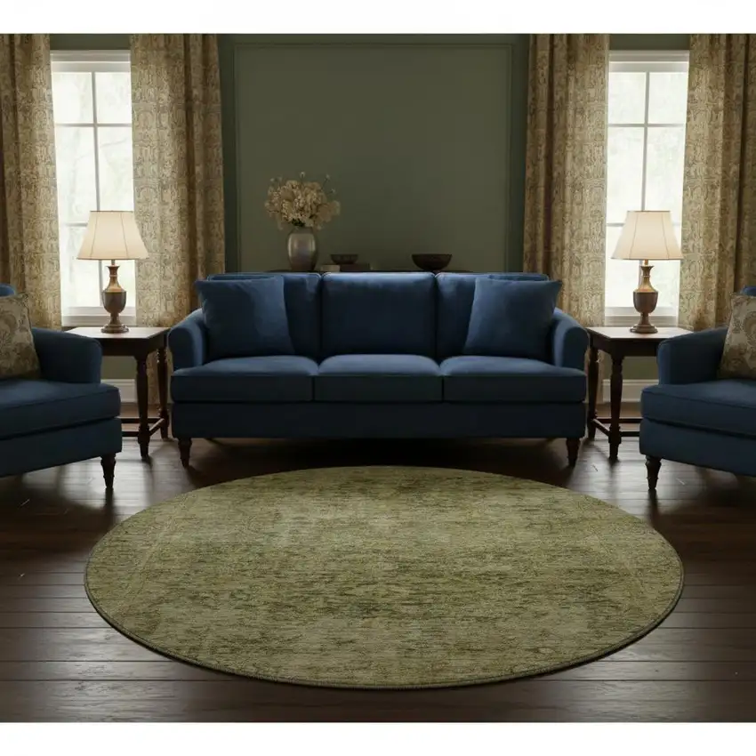 8' Green And Gold Oriental Washable Round Rug With UV Protection Photo 2