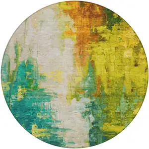 Photo of 8' Green And Gold Round Abstract Washable Indoor Outdoor Area Rug