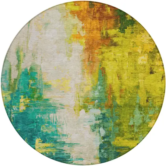 8' Green And Gold Round Abstract Washable Indoor Outdoor Area Rug Photo 1