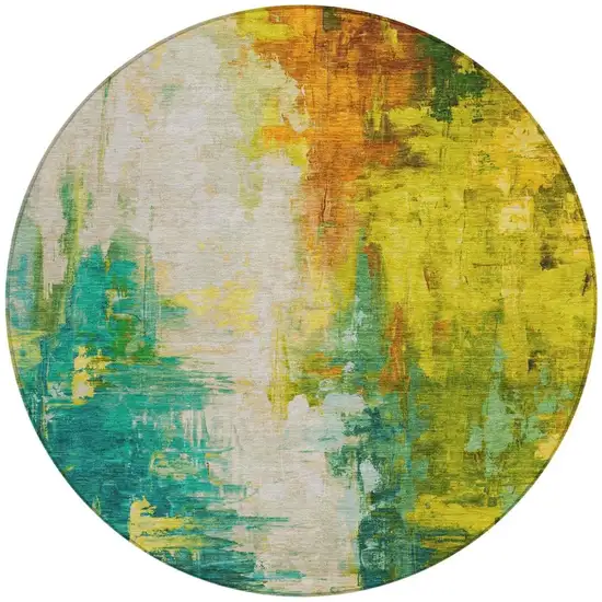 8' Green And Gold Round Abstract Washable Indoor Outdoor Area Rug Photo 3