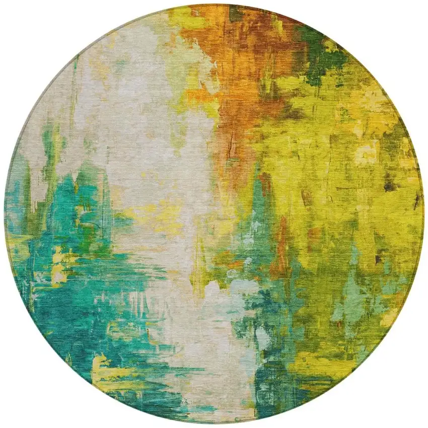 8' Green And Gold Round Abstract Washable Indoor Outdoor Area Rug Photo 3