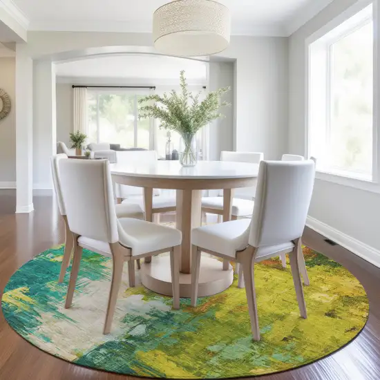 8' Green And Gold Round Abstract Washable Indoor Outdoor Area Rug Photo 6