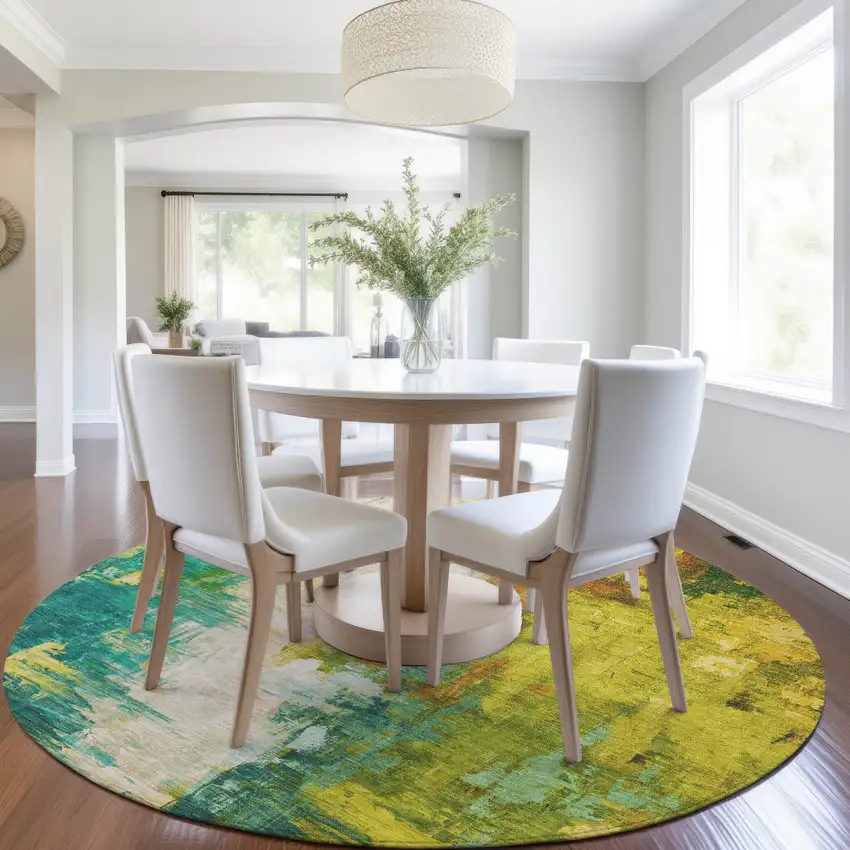 8' Green And Gold Round Abstract Washable Indoor Outdoor Area Rug Photo 6