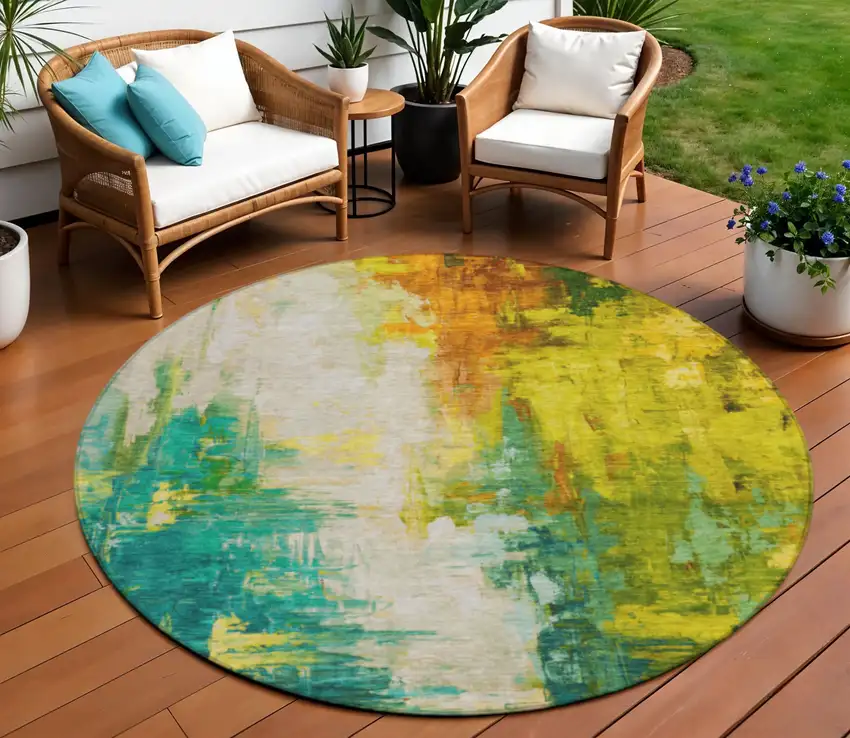 8' Green And Gold Round Abstract Washable Indoor Outdoor Area Rug Photo 2