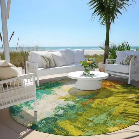 8' Green And Gold Round Abstract Washable Indoor Outdoor Area Rug Photo 5