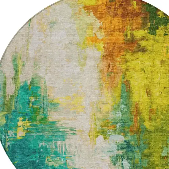 8' Green And Gold Round Abstract Washable Indoor Outdoor Area Rug Photo 9