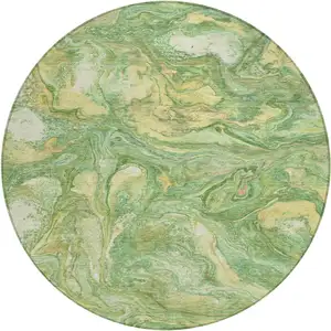 Photo of 8' Green And Gold Round Abstract Washable Indoor Outdoor Area Rug