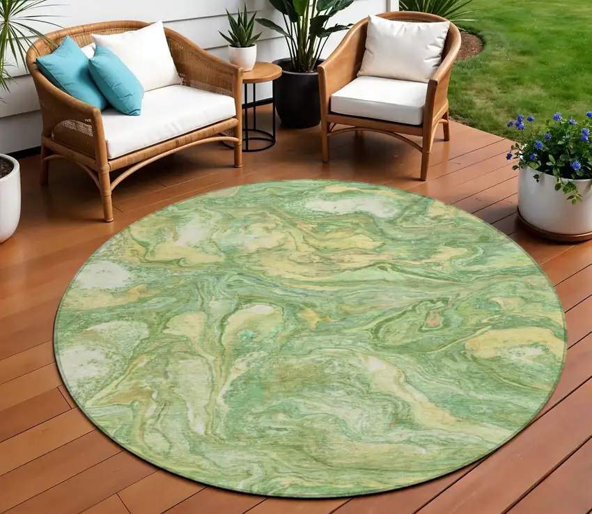 8' Green And Gold Round Abstract Washable Indoor Outdoor Area Rug Photo 2