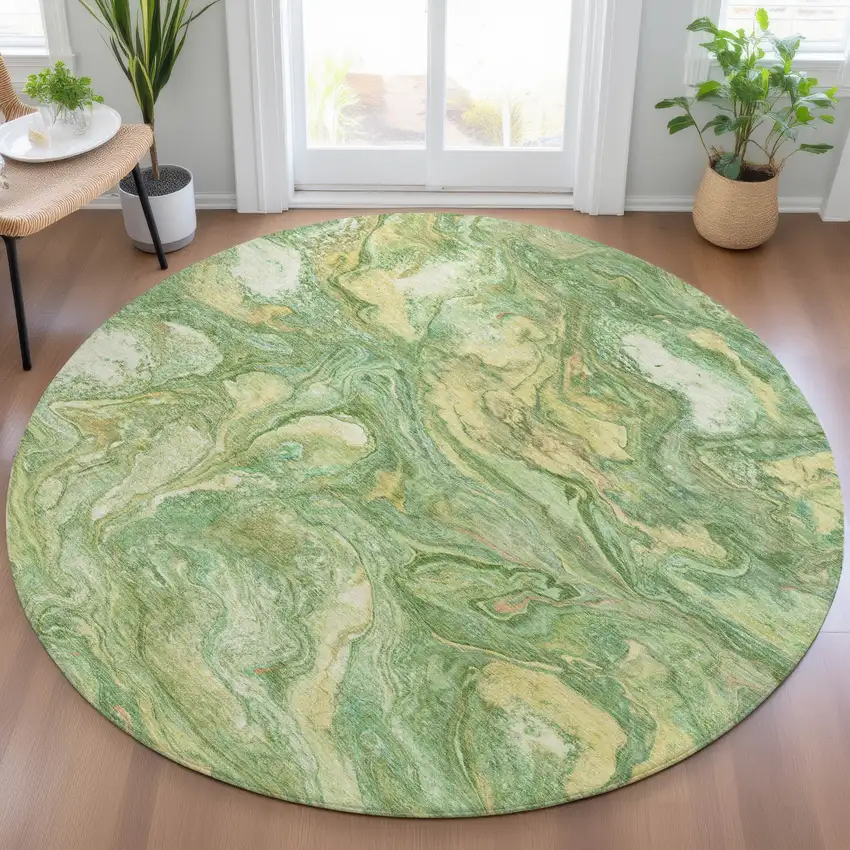 8' Green And Gold Round Abstract Washable Indoor Outdoor Area Rug Photo 6