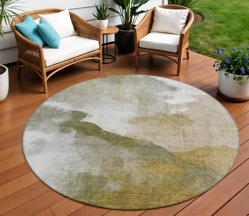 8' Green And Gold Round Abstract Washable Indoor Outdoor Area Rug Photo 2