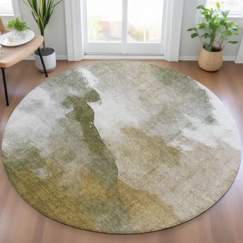 8' Green And Gold Round Abstract Washable Indoor Outdoor Area Rug Photo 6