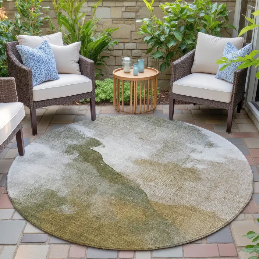 8' Green And Gold Round Abstract Washable Indoor Outdoor Area Rug Photo 7