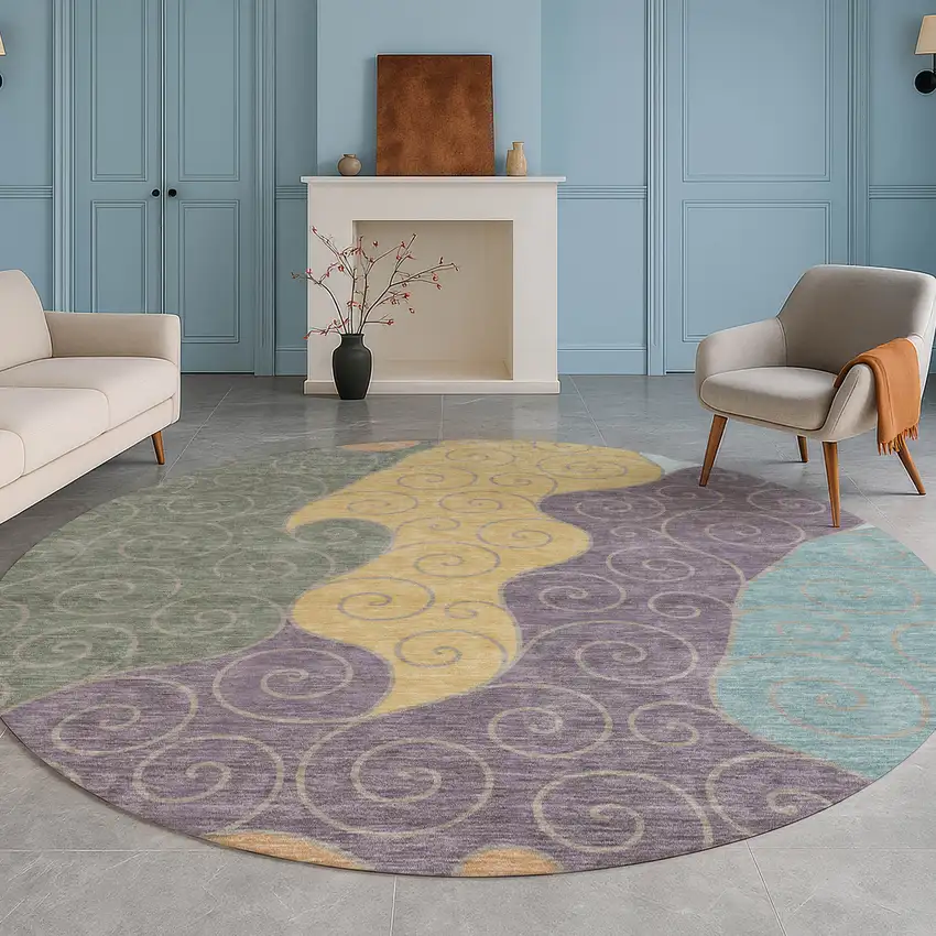 8' Green And Gold Round Abstract Washable Indoor Outdoor Area Rug Photo 5