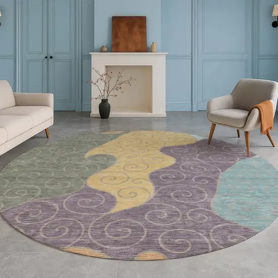 8' Green And Gold Round Abstract Washable Indoor Outdoor Area Rug Photo 5