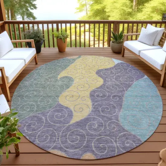 8' Green And Gold Round Abstract Washable Indoor Outdoor Area Rug Photo 4