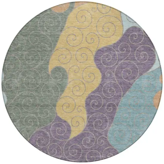 8' Green And Gold Round Abstract Washable Indoor Outdoor Area Rug Photo 3
