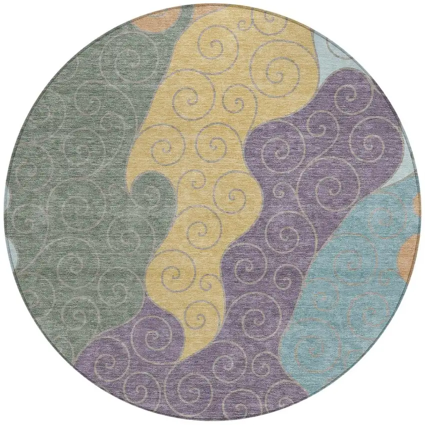 8' Green And Gold Round Abstract Washable Indoor Outdoor Area Rug Photo 3