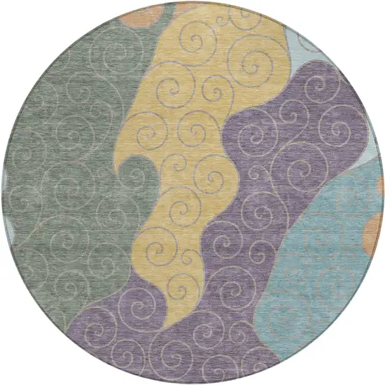 8' Green And Gold Round Abstract Washable Indoor Outdoor Area Rug Photo 1