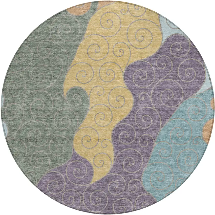 8' Green And Gold Round Abstract Washable Indoor Outdoor Area Rug Photo 1