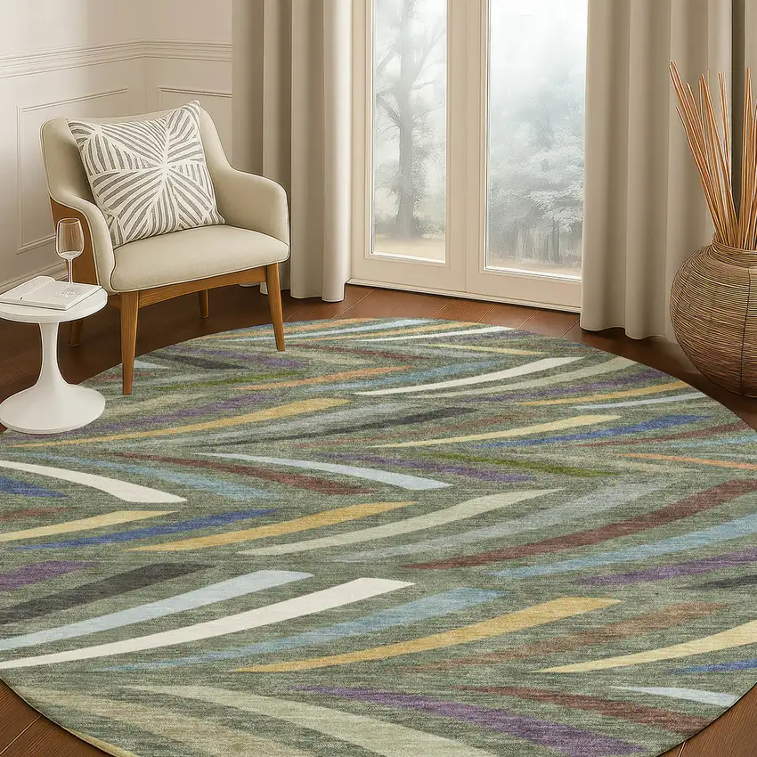 8' Green And Gold Round Abstract Washable Indoor Outdoor Area Rug Photo 5