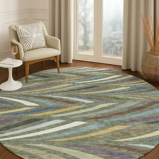 8' Green And Gold Round Abstract Washable Indoor Outdoor Area Rug Photo 5