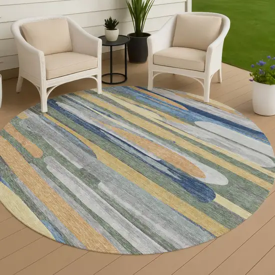8' Green And Gold Round Abstract Washable Indoor Outdoor Area Rug Photo 4