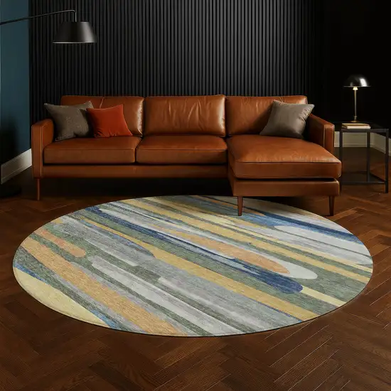 8' Green And Gold Round Abstract Washable Indoor Outdoor Area Rug Photo 5