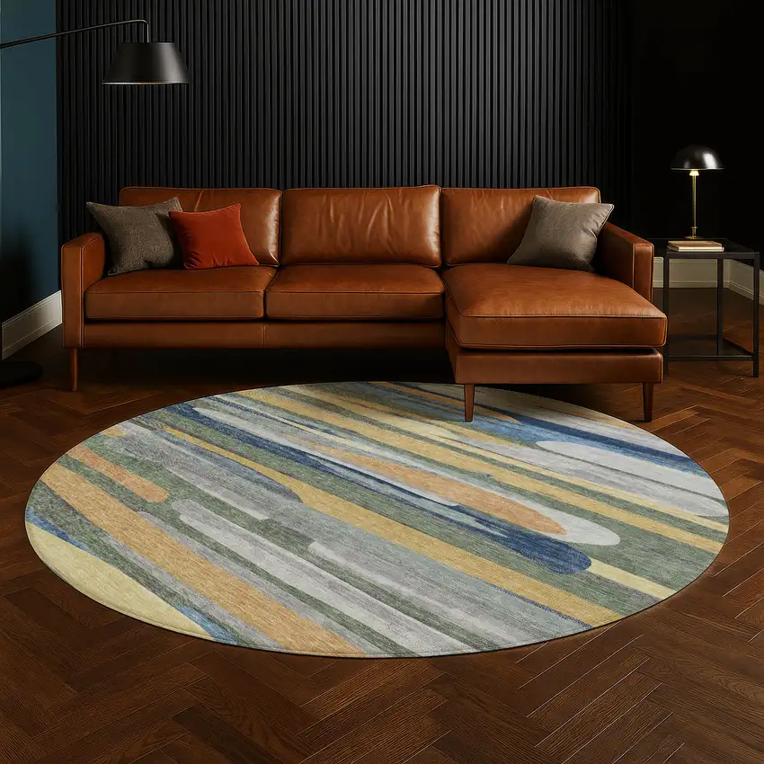 8' Green And Gold Round Abstract Washable Indoor Outdoor Area Rug Photo 5