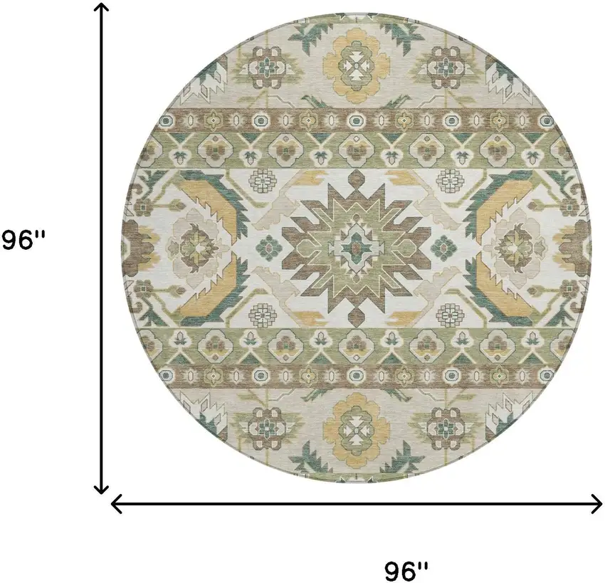 8' Green And Gold Round Cactus Washable Indoor Outdoor Area Rug Photo 6