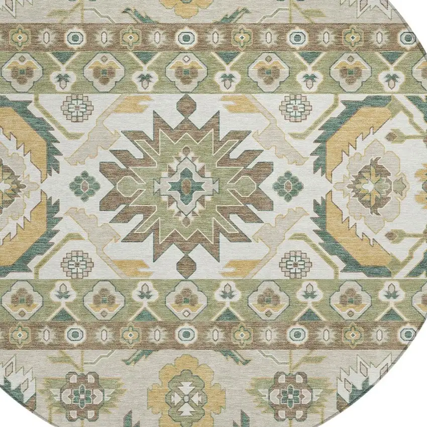 8' Green And Gold Round Cactus Washable Indoor Outdoor Area Rug Photo 2