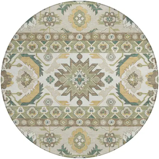 8' Green And Gold Round Cactus Washable Indoor Outdoor Area Rug Photo 1