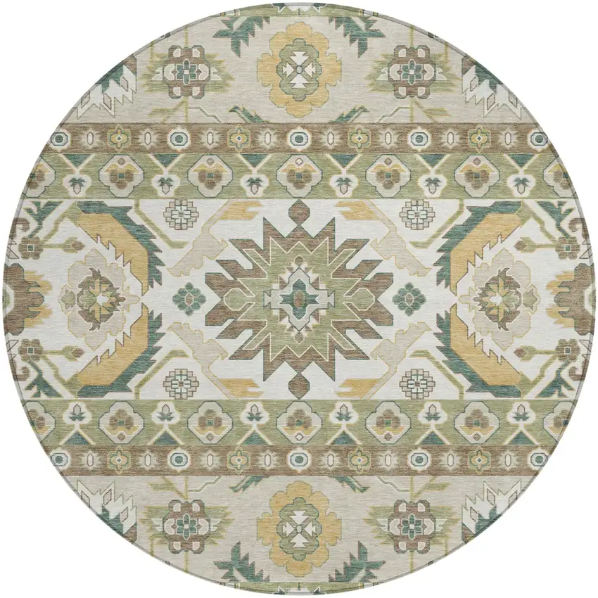 8' Green And Gold Round Cactus Washable Indoor Outdoor Area Rug Photo 1