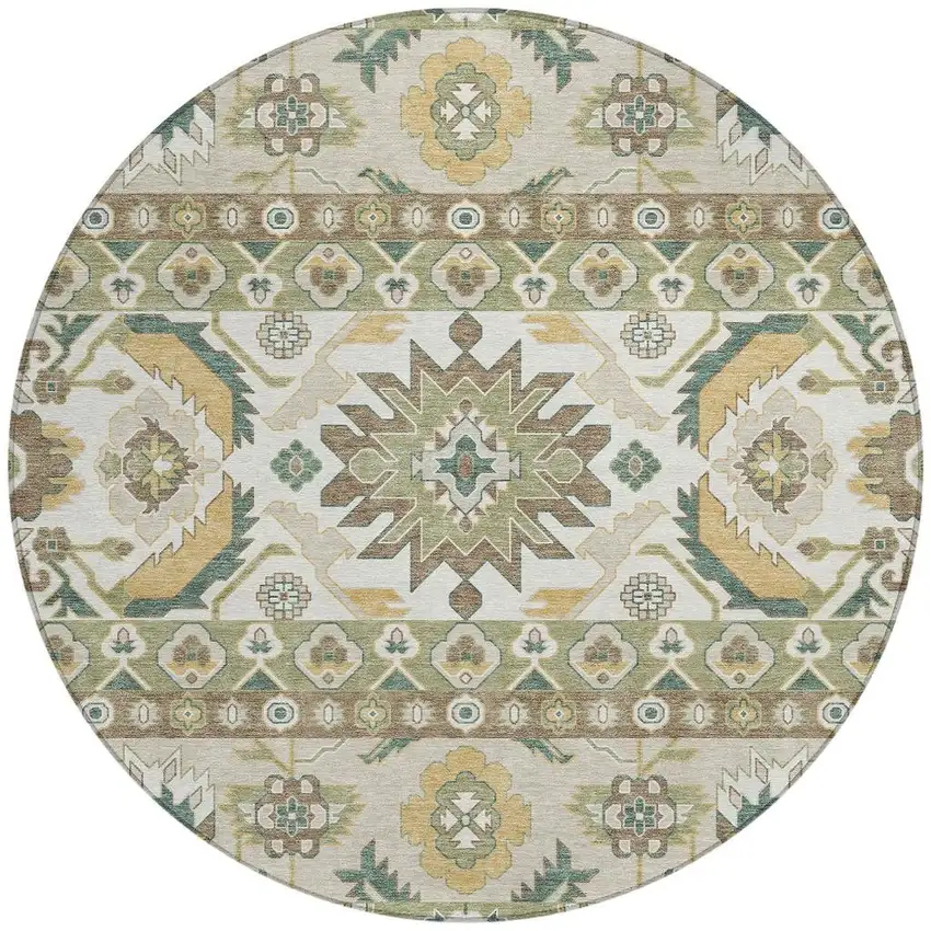 8' Green And Gold Round Cactus Washable Indoor Outdoor Area Rug Photo 3