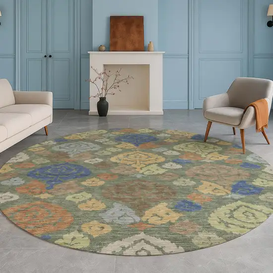 8' Green And Gold Round Damask Washable Indoor Outdoor Area Rug Photo 5