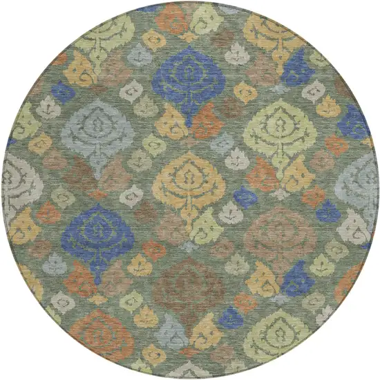 8' Green And Gold Round Damask Washable Indoor Outdoor Area Rug Photo 1