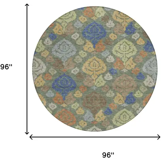 8' Green And Gold Round Damask Washable Indoor Outdoor Area Rug Photo 8